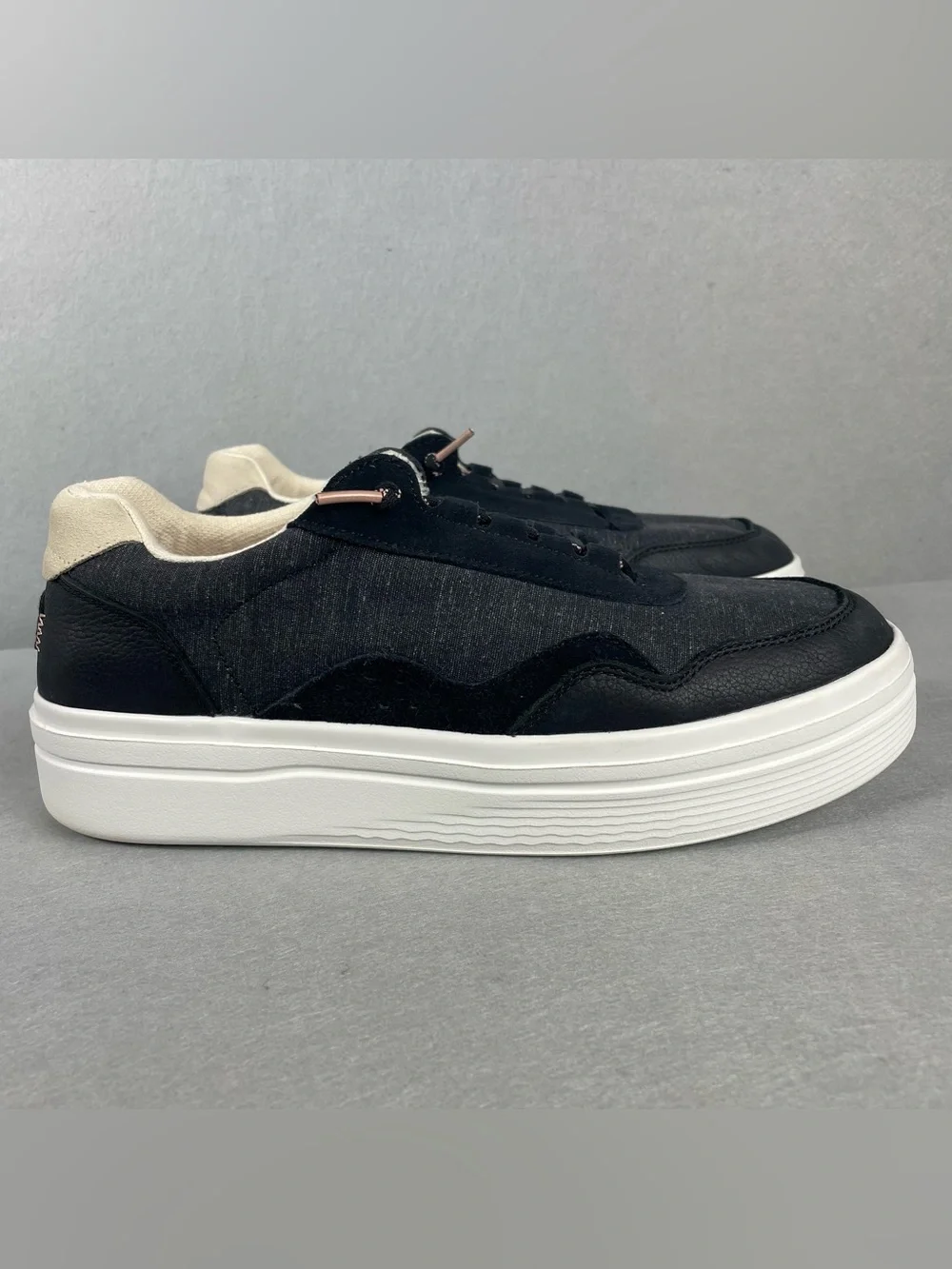 Hey Dude Hudson Lift Sport Womens Size 12 Black Leather Platform Sneakers